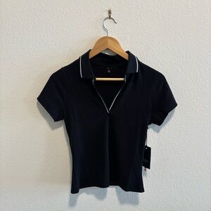 NWT Iris Black Short Sleeve Ribbed Polo Contrast stitch